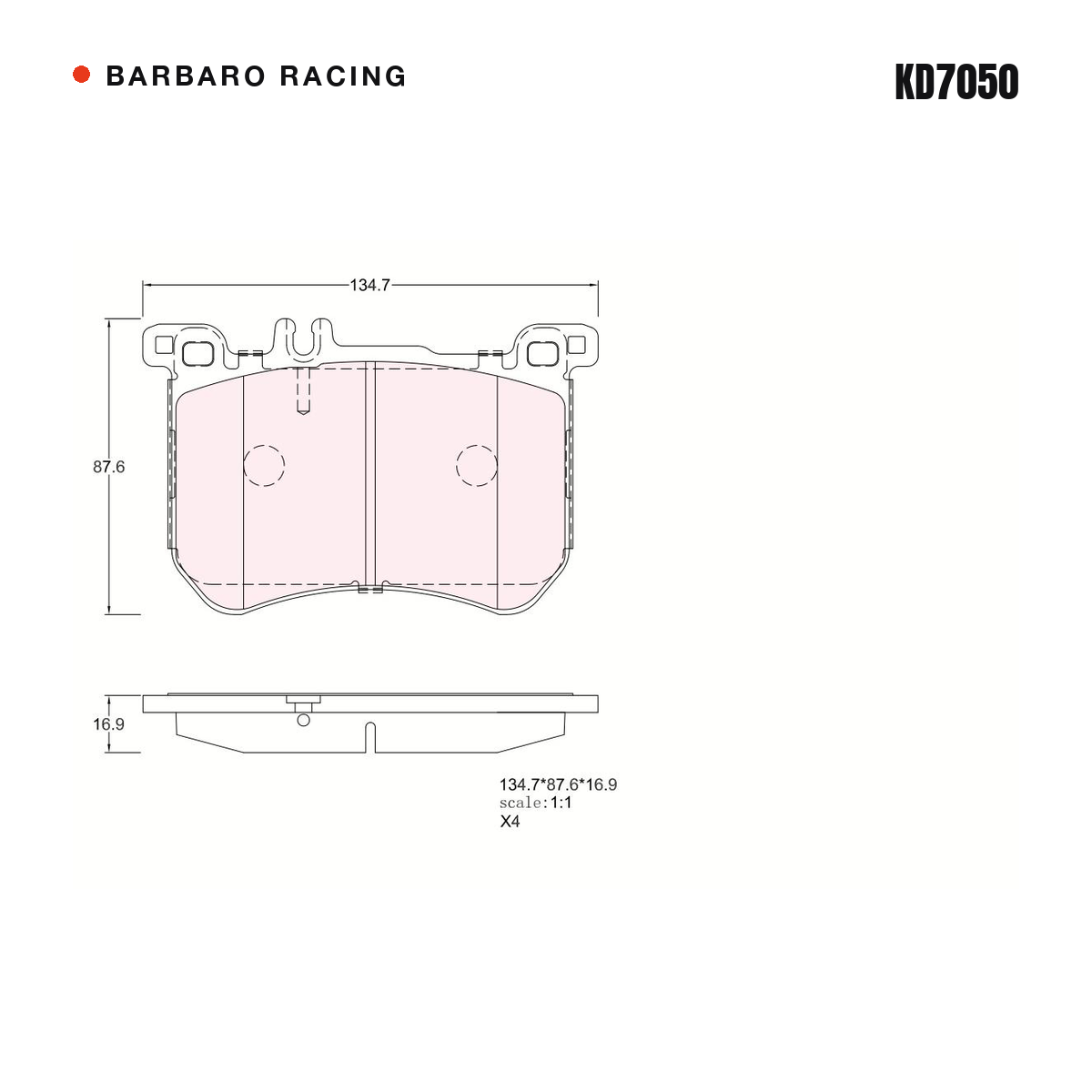 Barbaro Racing KD7050 brake pad shape drawing - 134.7 x 86 x 16.9 mm