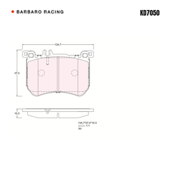 Barbaro Racing KD7050 brake pad shape drawing - 134.7 x 86 x 16.9 mm