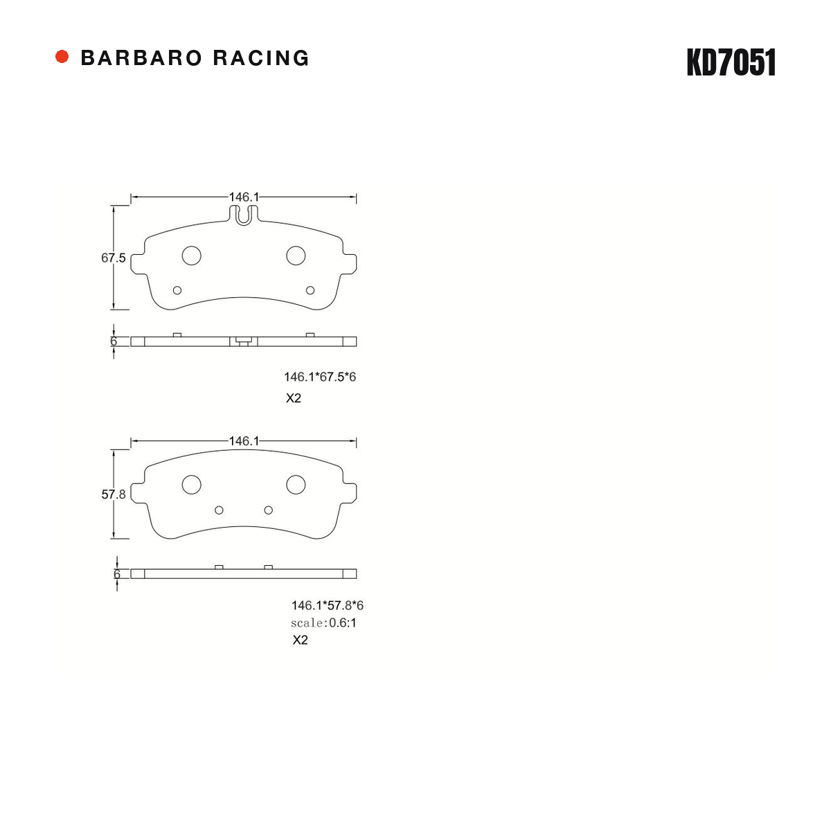 Barbaro Racing KD7051 brake pad shape drawing - 146.1 x 67.5 mm
