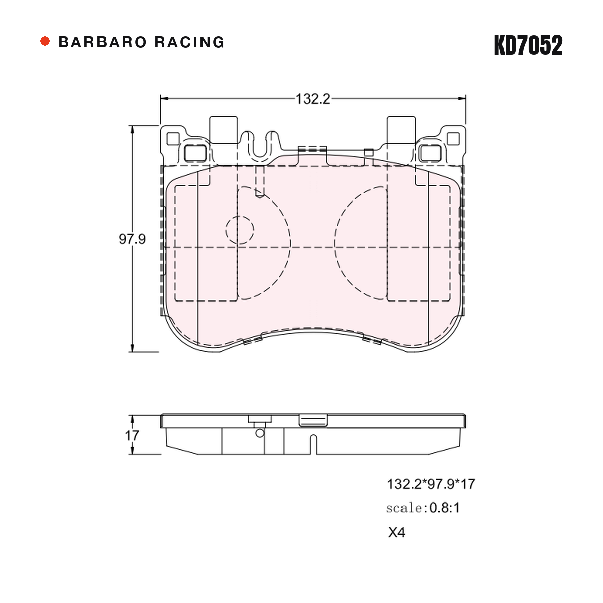 Barbaro Racing KD7052 brake pad shape drawing - 132.3 x 97.9 x 17 mm