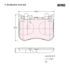 Barbaro Racing KD7052 brake pad shape drawing - 132.3 x 97.9 x 17 mm