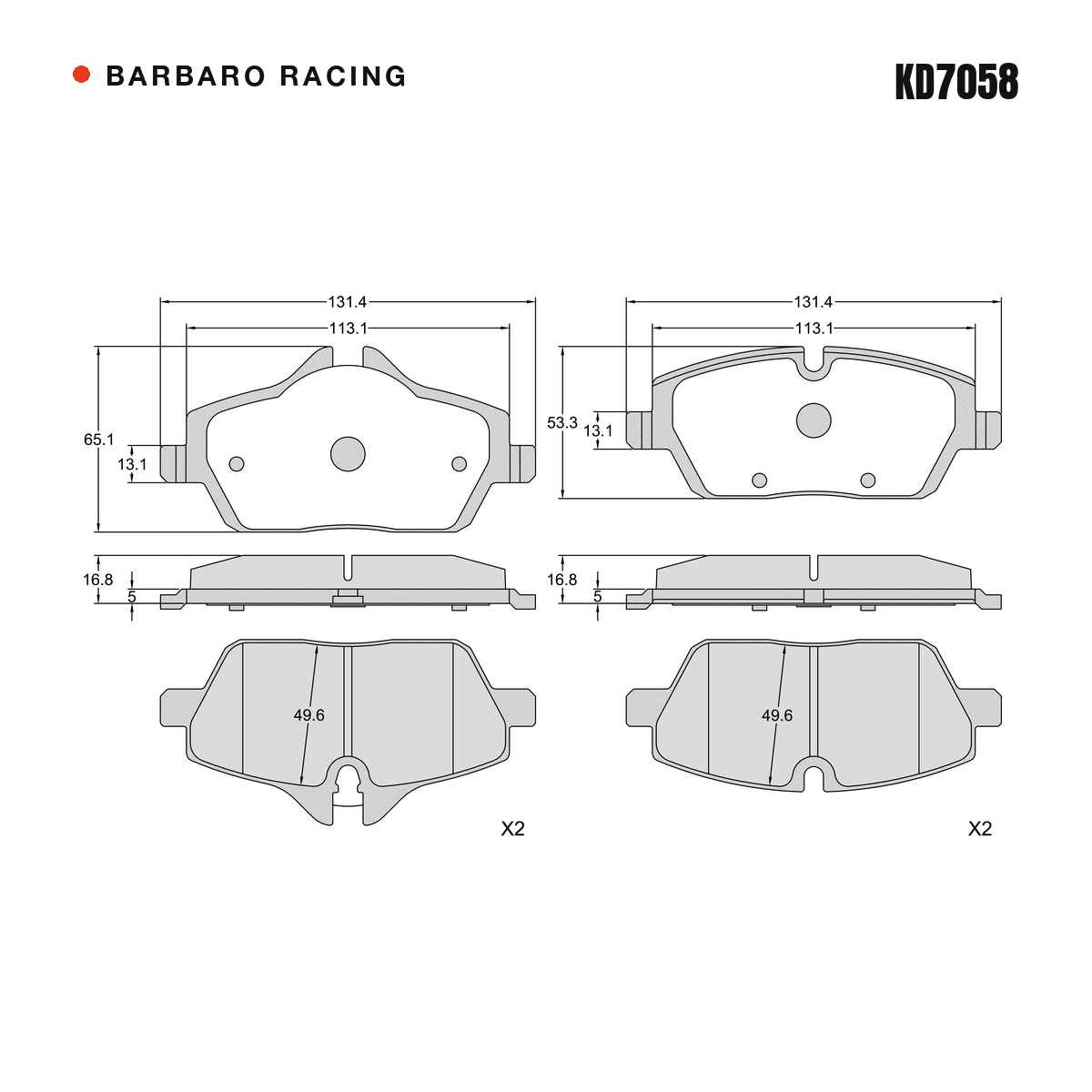 Barbaro Racing KD7058 brake pad shape drawing - 131.5 x 65.2 x 16.8 mm