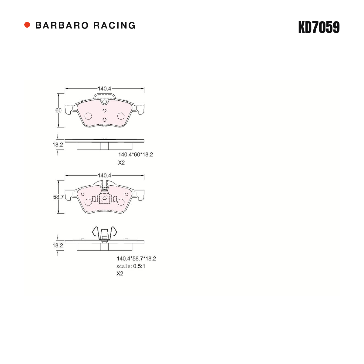 Barbaro Racing KD7059 brake pad shape drawing - 140.4 x 60 x 18.2 mm