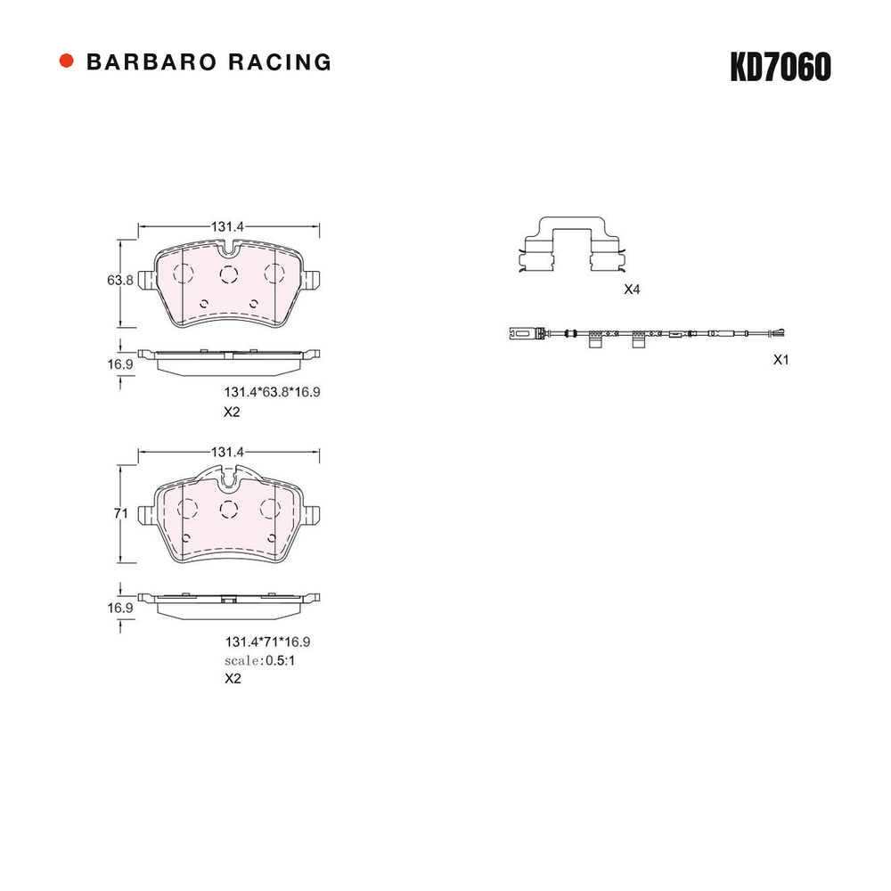 Barbaro Racing KD7060 brake pad shape drawing - 131.5 x 64 x 16.9 mm