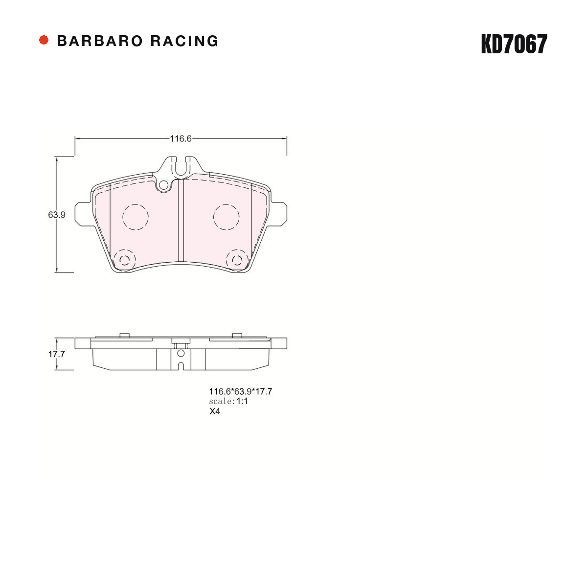 Barbaro Racing KD7067 brake pad shape drawing - 116.6 x 64 x 17.7 mm