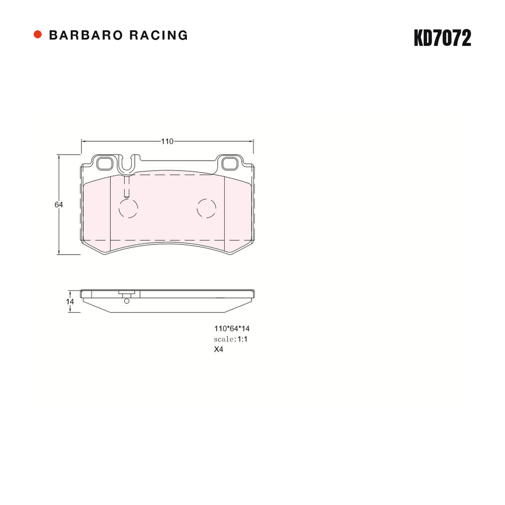 Barbaro Racing KD7072 brake pad shape drawing - 110 x 64.1 x 14 mm