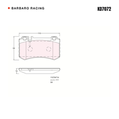 Barbaro Racing KD7072 brake pad shape drawing - 110 x 64.1 x 14 mm