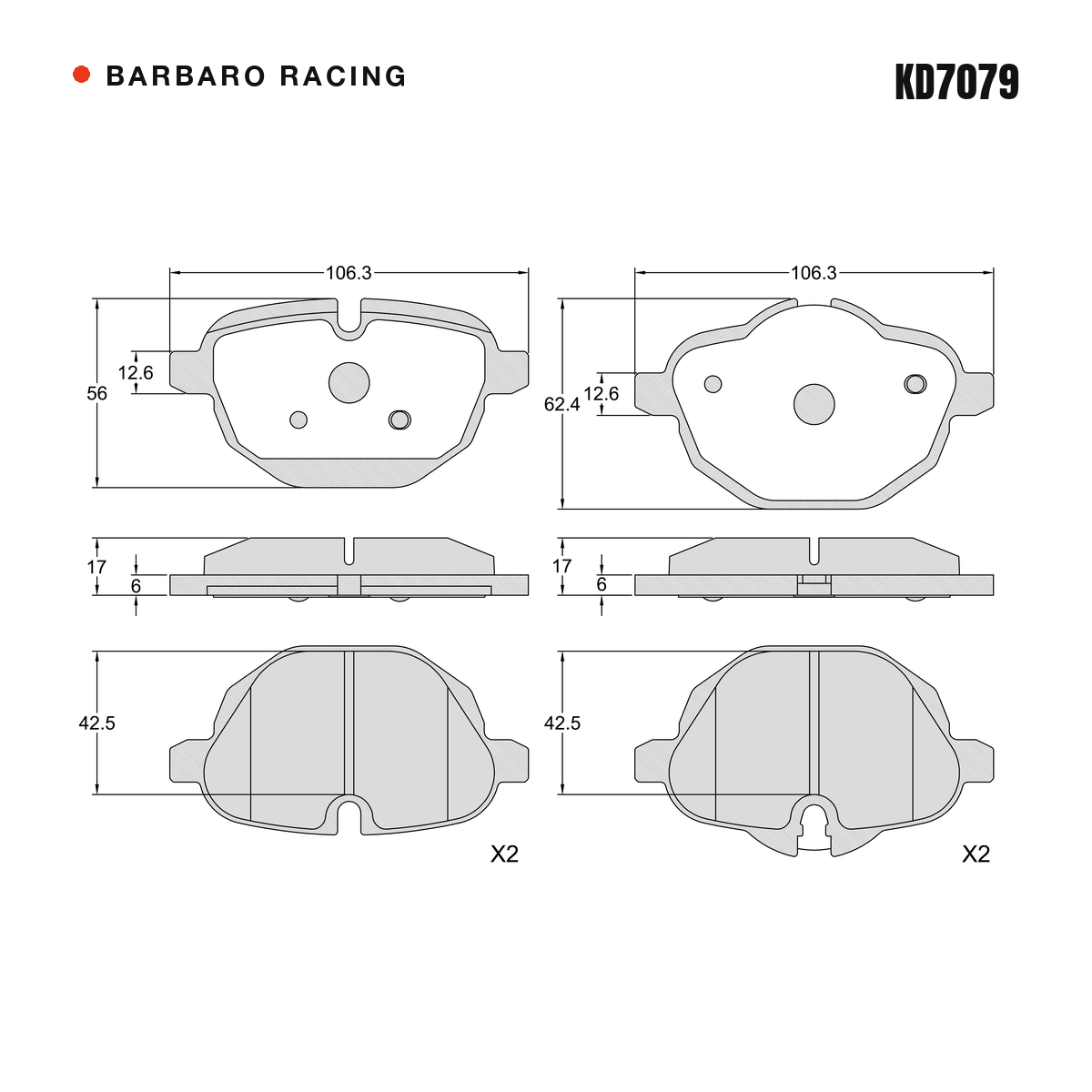Barbaro Racing KD7079 brake pad shape drawing - 106.3 x 56 x 17 mm