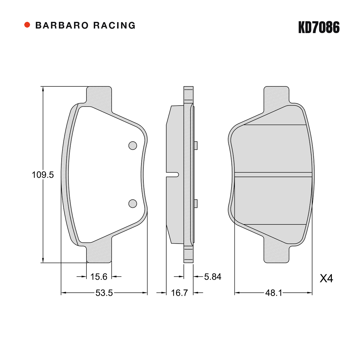 Barbaro Racing KD7086 brake pad shape drawing - 109.5 x 53.6 x 16.7 mm