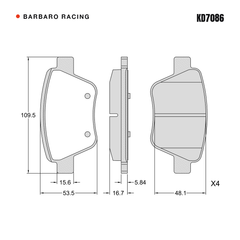 Barbaro Racing KD7086 brake pad shape drawing - 109.5 x 53.6 x 16.7 mm