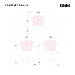 Barbaro Racing KD7089J brake pad shape drawing - 155.4 x 72.9 x 19 mm