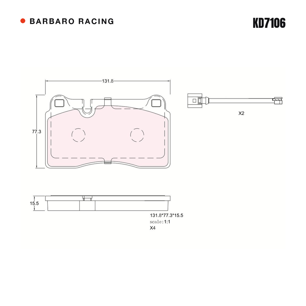 Barbaro Racing KD7106 brake pad shape drawing - 131.8 x 77.3 x 15.5 mm