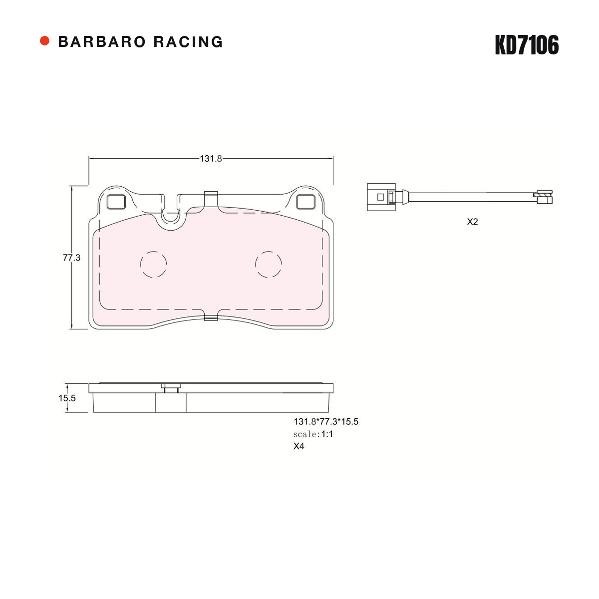 Barbaro Racing KD7106 brake pad shape drawing - 131.8 x 77.3 x 15.5 mm