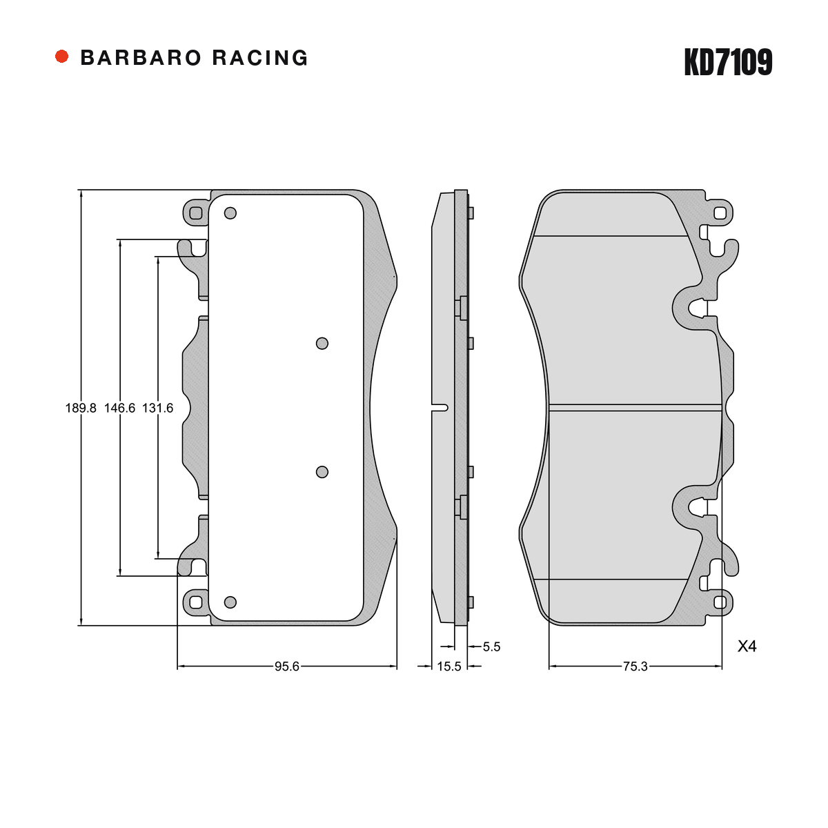 Barbaro Racing KD7109 brake pad shape drawing - 189.8 x 95.5 x 15.5 mm