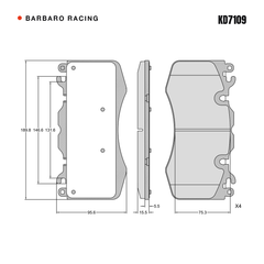 Barbaro Racing KD7109 brake pad shape drawing - 189.8 x 95.5 x 15.5 mm
