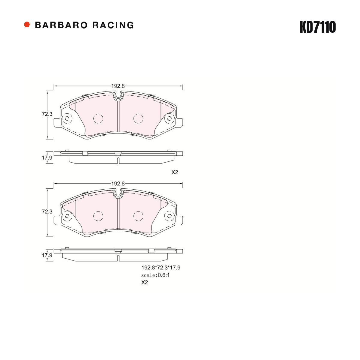 Barbaro Racing KD7110 brake pad shape drawing - 192.8 x 72.3 x 17.9 mm