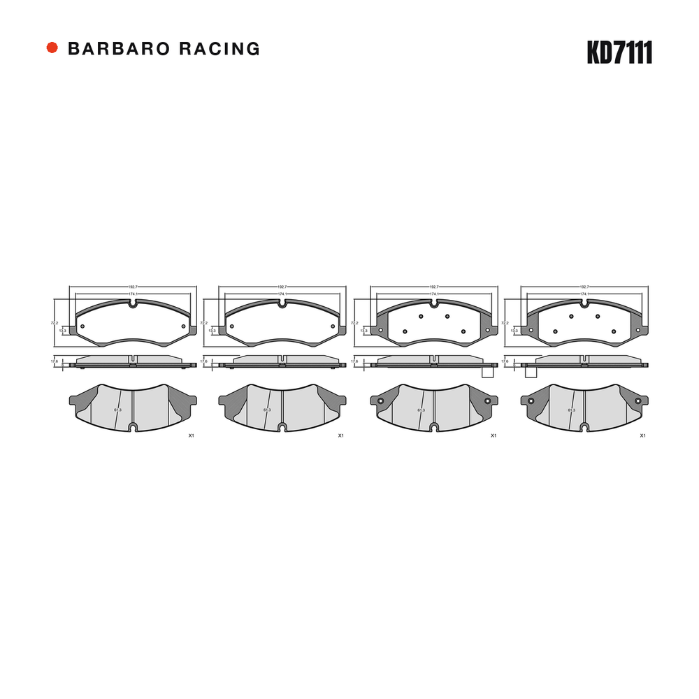 Barbaro Racing KD7111 brake pad shape drawing - 192.7 x 72.1 x 17.6 mm