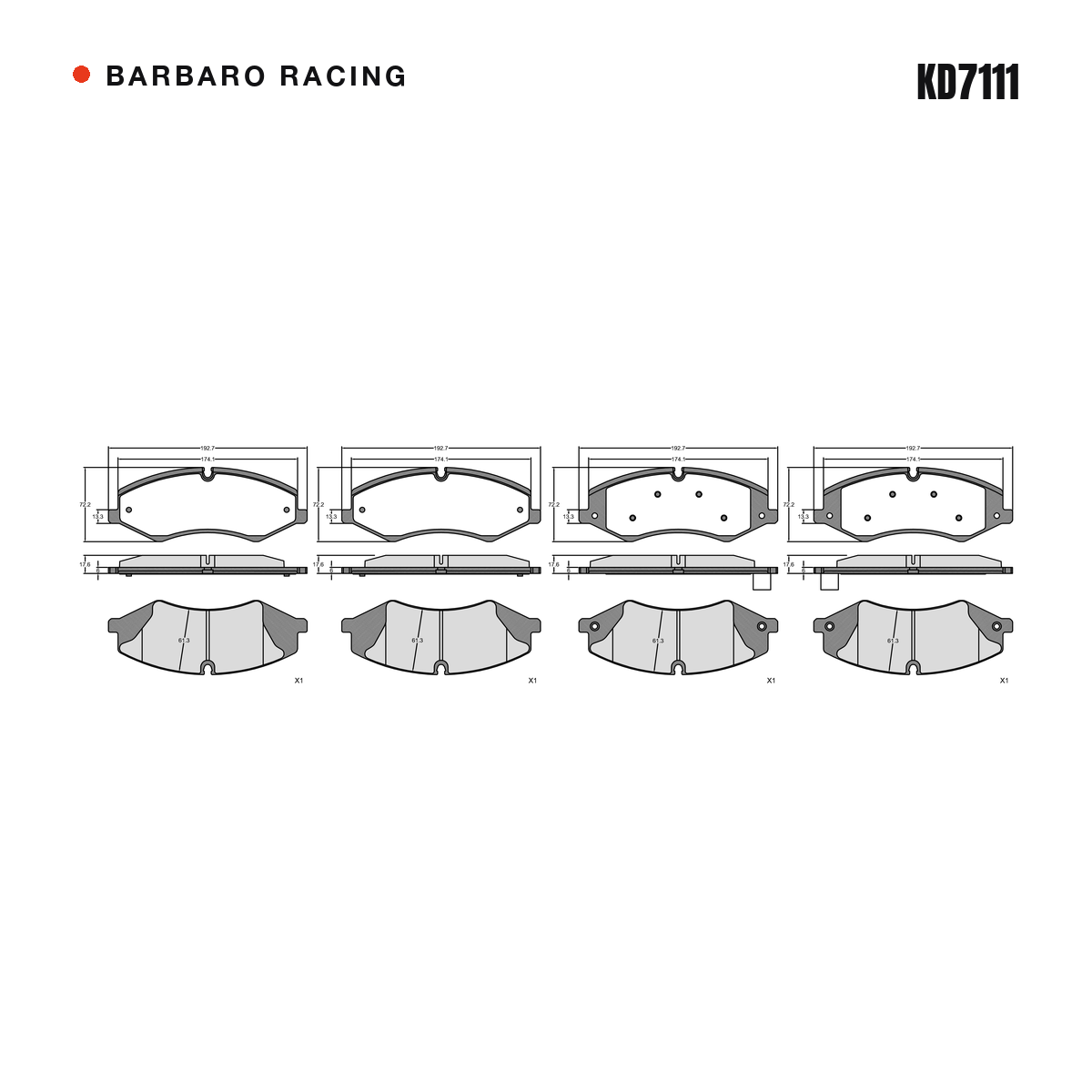 Barbaro Racing KD7111 brake pad shape drawing - 192.7 x 72.1 x 17.6 mm