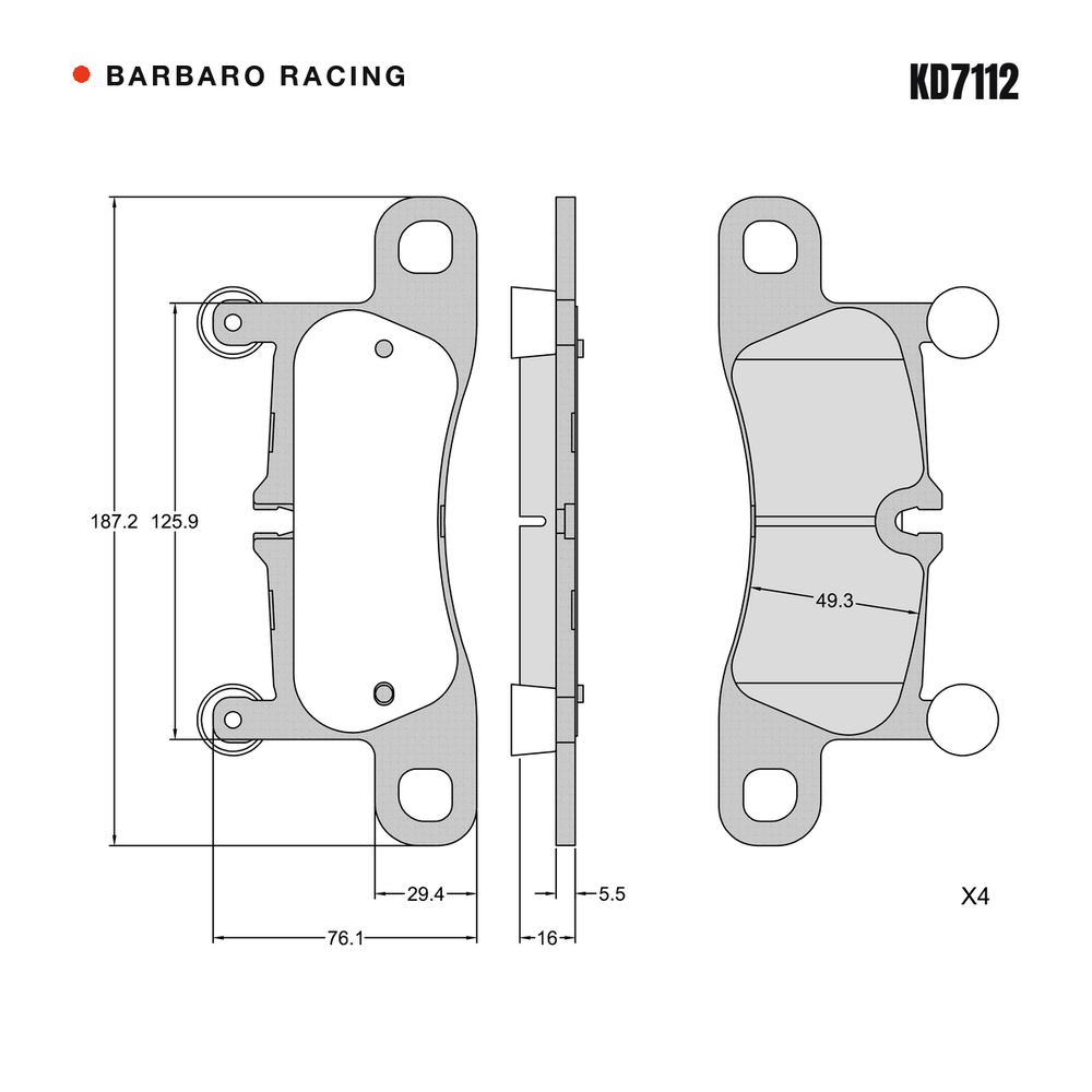 Barbaro Racing KD7112 brake pad shape drawing - 187.3 x 76 x 16 mm