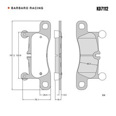 Barbaro Racing KD7112 brake pad shape drawing - 187.3 x 76 x 16 mm