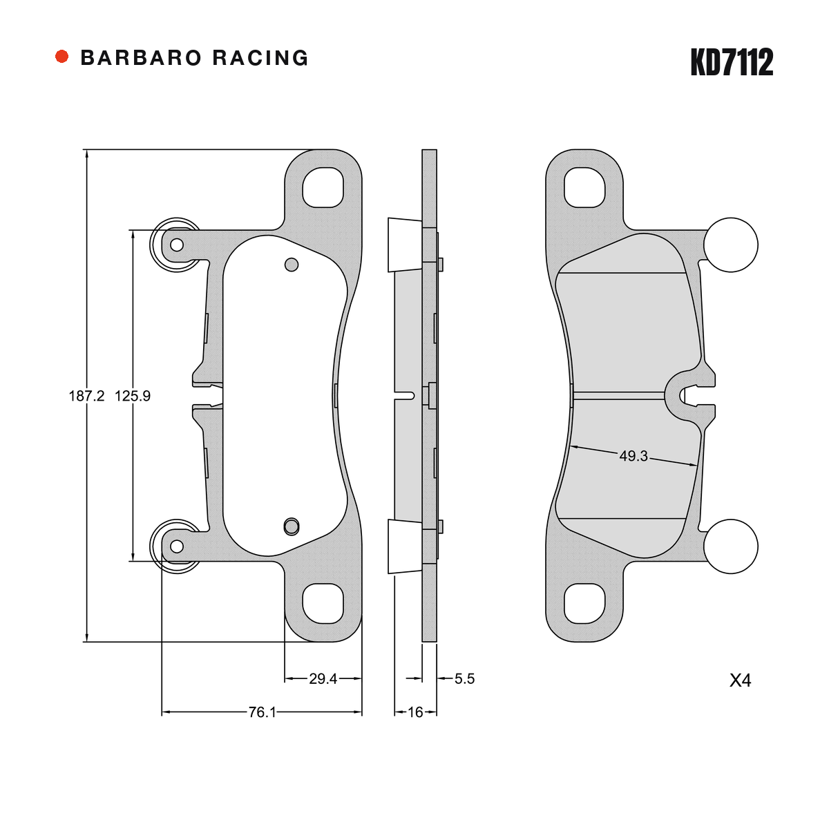 Barbaro Racing KD7112 brake pad shape drawing - 187.3 x 76 x 16 mm