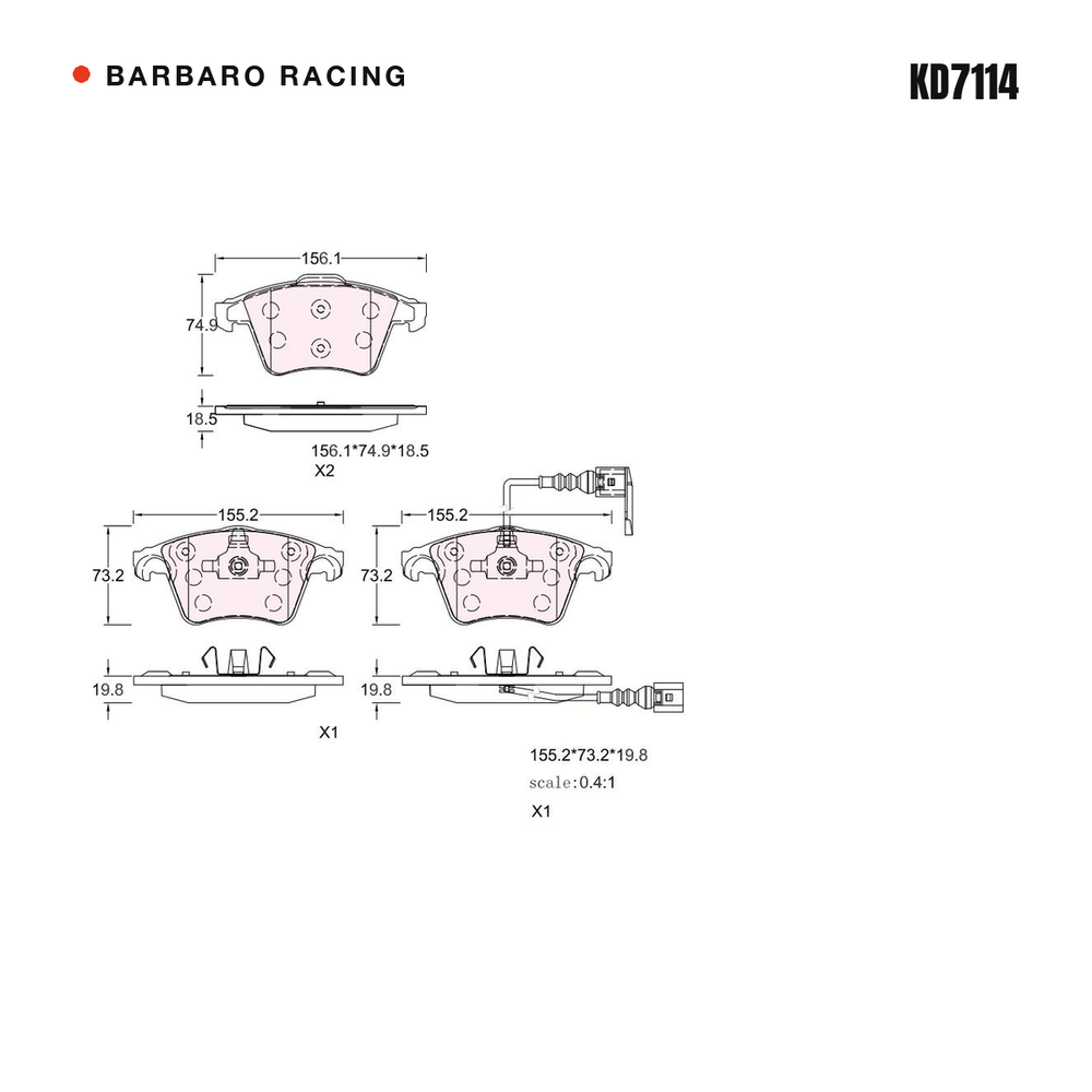 Barbaro Racing KD7114 brake pad shape drawing - 156.1 x 74.9 x 18.5 mm