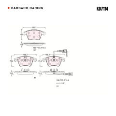Barbaro Racing KD7114 brake pad shape drawing - 156.1 x 74.9 x 18.5 mm