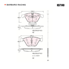 Barbaro Racing KD7140 brake pad shape drawing - 155.2 x 68.6 x 19.3 mm