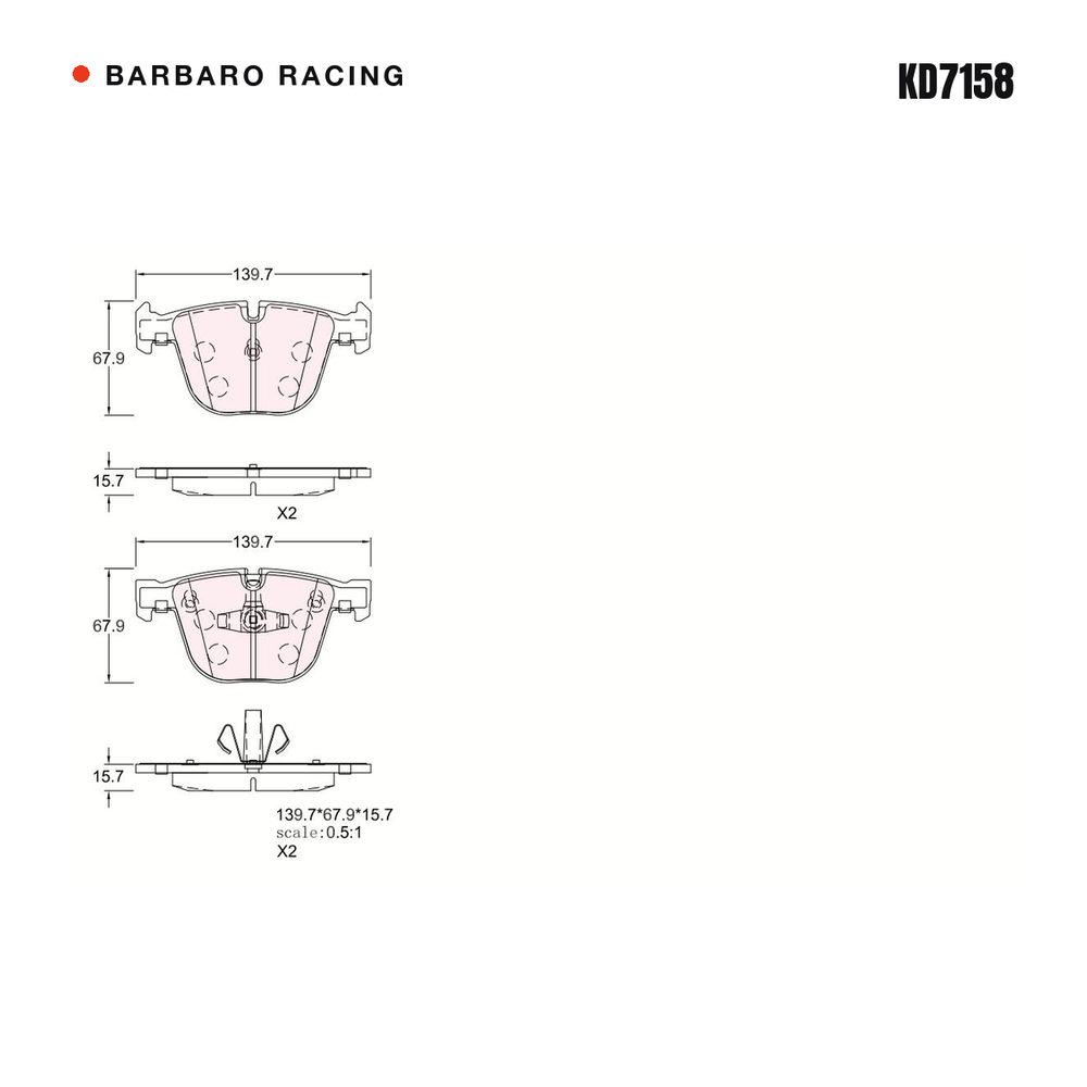 Barbaro Racing KD7158 brake pad shape drawing - 139.7 x 67.9 x 15.7 mm