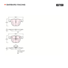 Barbaro Racing KD7158 brake pad shape drawing - 139.7 x 67.9 x 15.7 mm