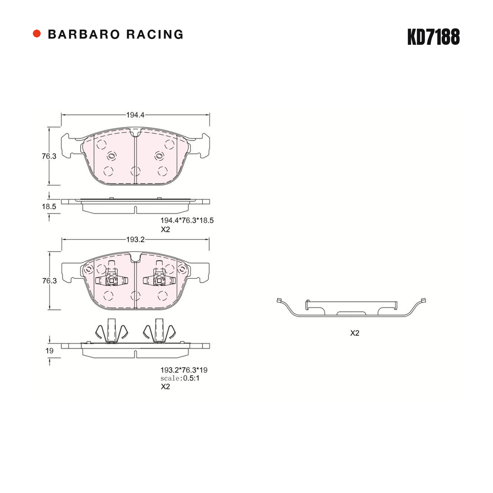 Barbaro Racing KD7188 brake pad shape drawing - 194.4 x 76.3 x 18.5 mm