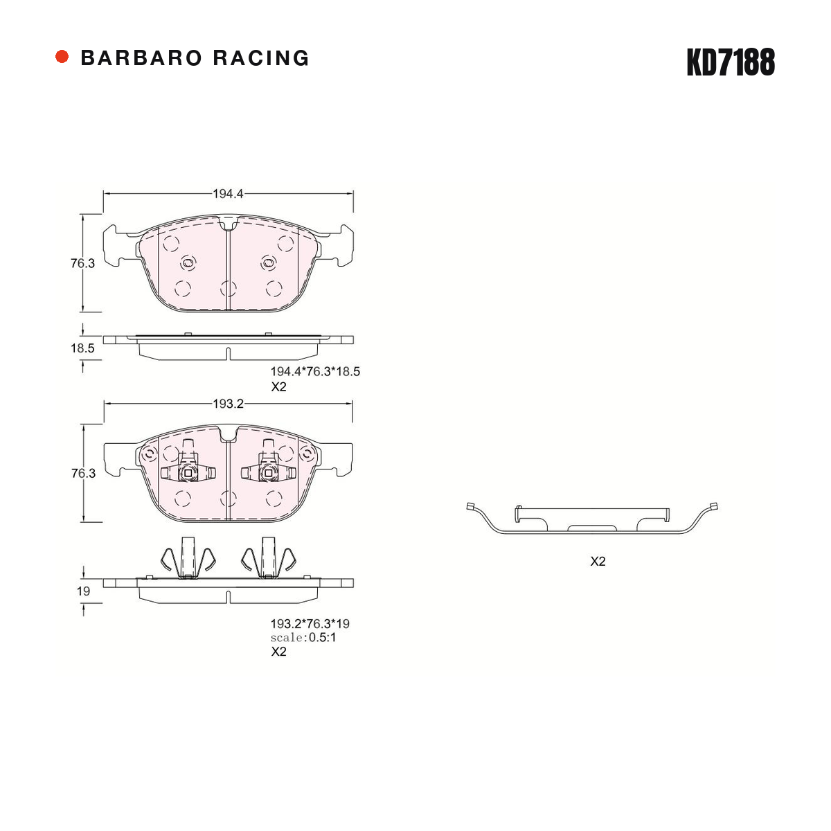 Barbaro Racing KD7188 brake pad shape drawing - 194.4 x 76.3 x 18.5 mm