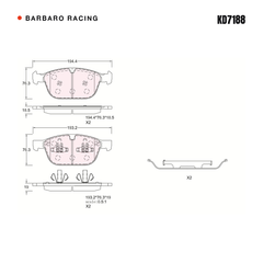 Barbaro Racing KD7188 brake pad shape drawing - 194.4 x 76.3 x 18.5 mm