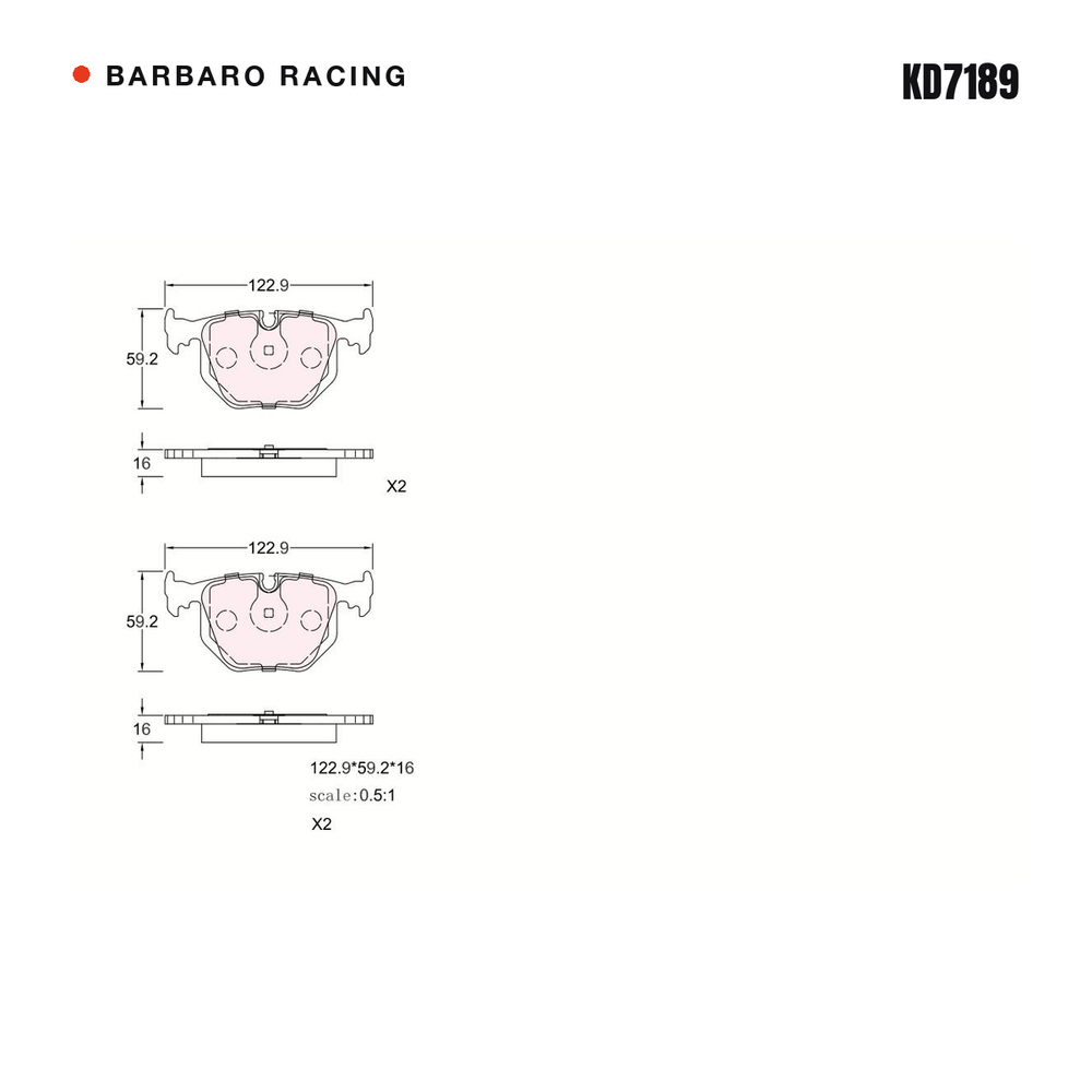 Barbaro Racing KD7189 brake pad shape drawing - 122.9 x 59.2 x 16 mm