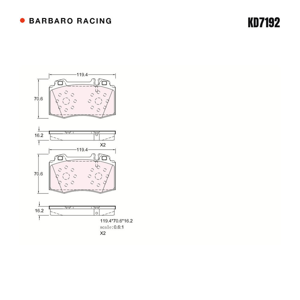 Barbaro Racing KD7192 brake pad shape drawing - 119.4 x 70.6 x 16.2 mm