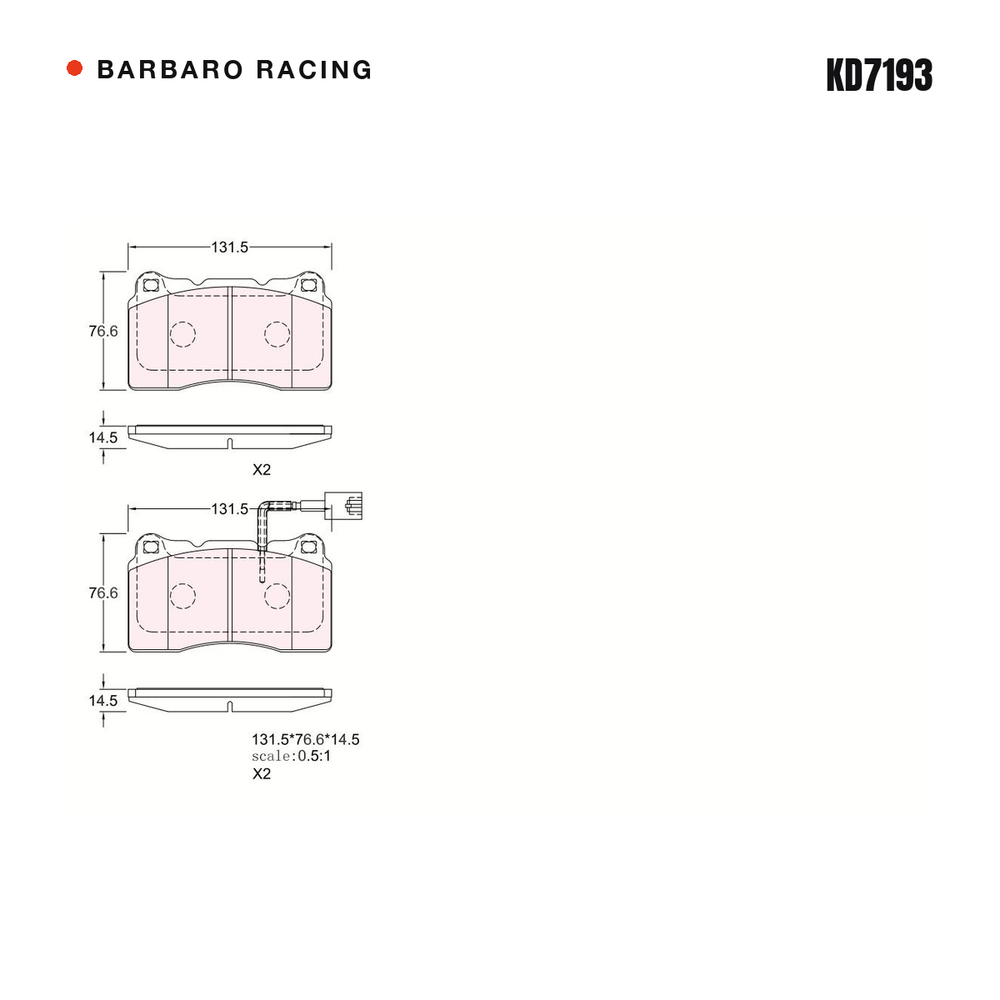 Barbaro Racing KD7193 brake pad shape drawing - 131.5 x 76.6 x 14.5 mm