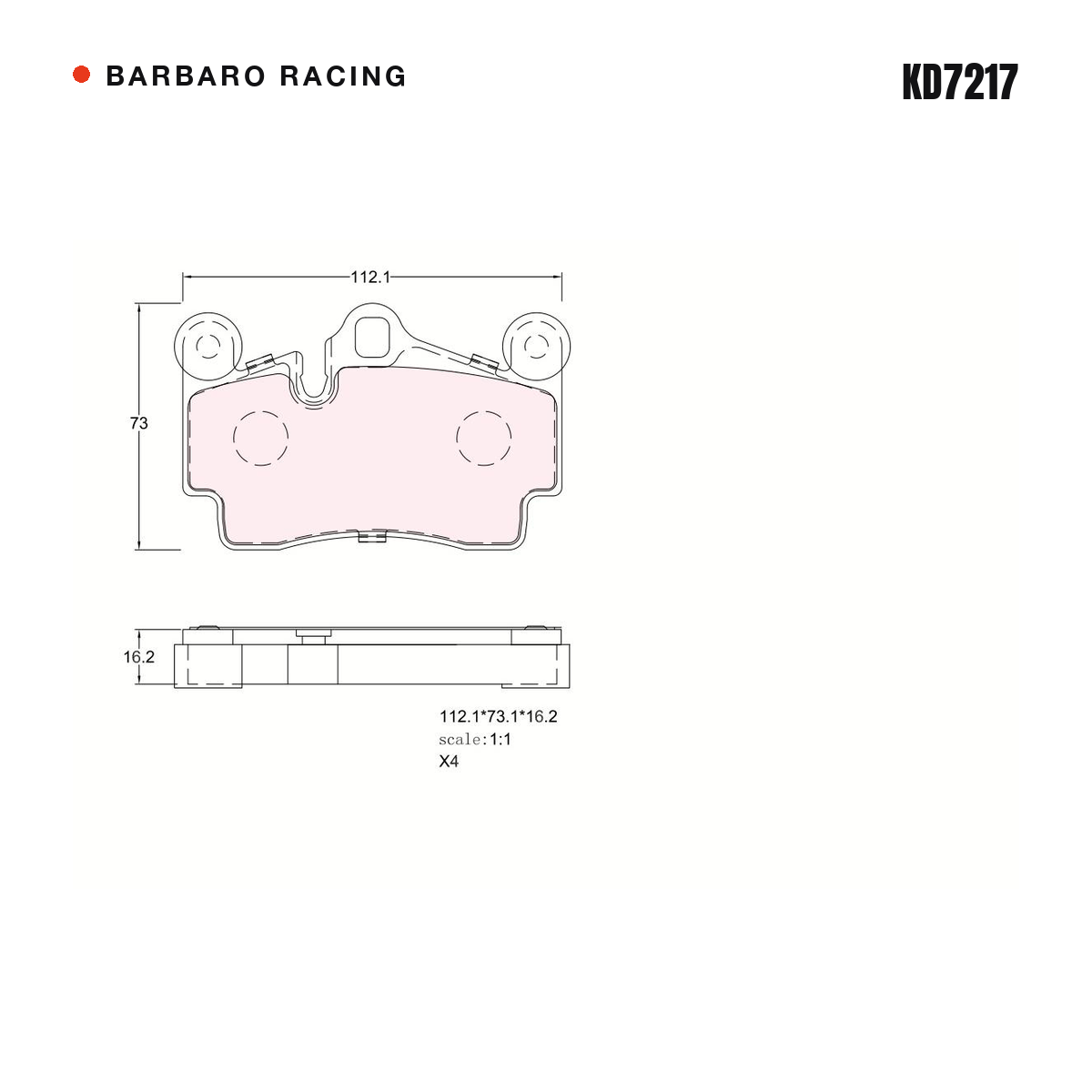 Barbaro Racing KD7217 brake pad shape drawing - 112.1 x 73.1 x 16.2 mm