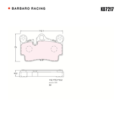 Barbaro Racing KD7217 brake pad shape drawing - 112.1 x 73.1 x 16.2 mm