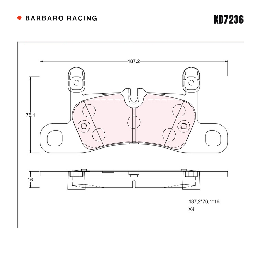 Barbaro Racing KD7236 brake pad shape drawing - 187.2 x 76.1 x 16 mm