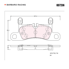 Barbaro Racing KD7236 brake pad shape drawing - 187.2 x 76.1 x 16 mm