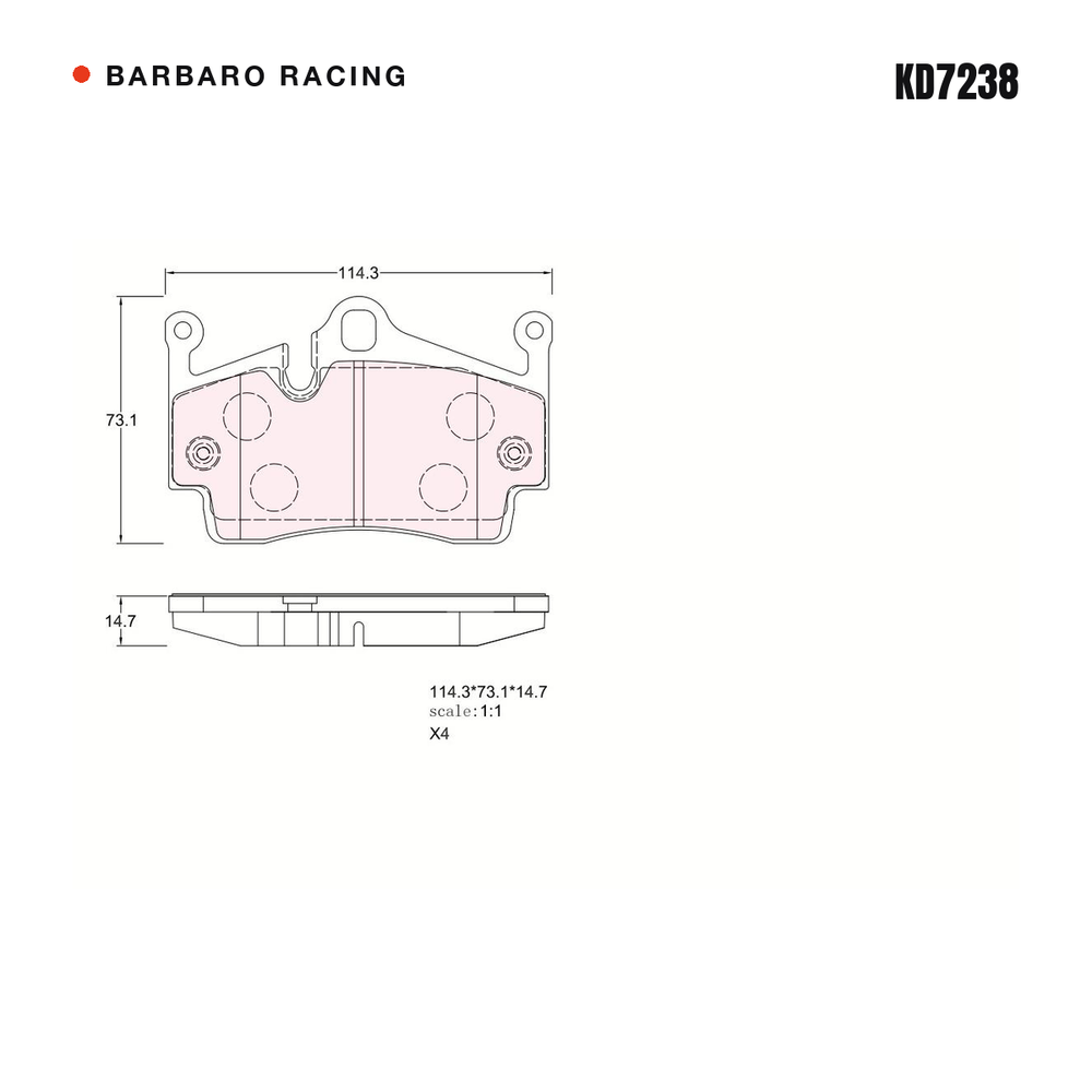 Barbaro Racing KD7238 brake pad shape drawing - 114.3 x 73.1 x 14.7 mm