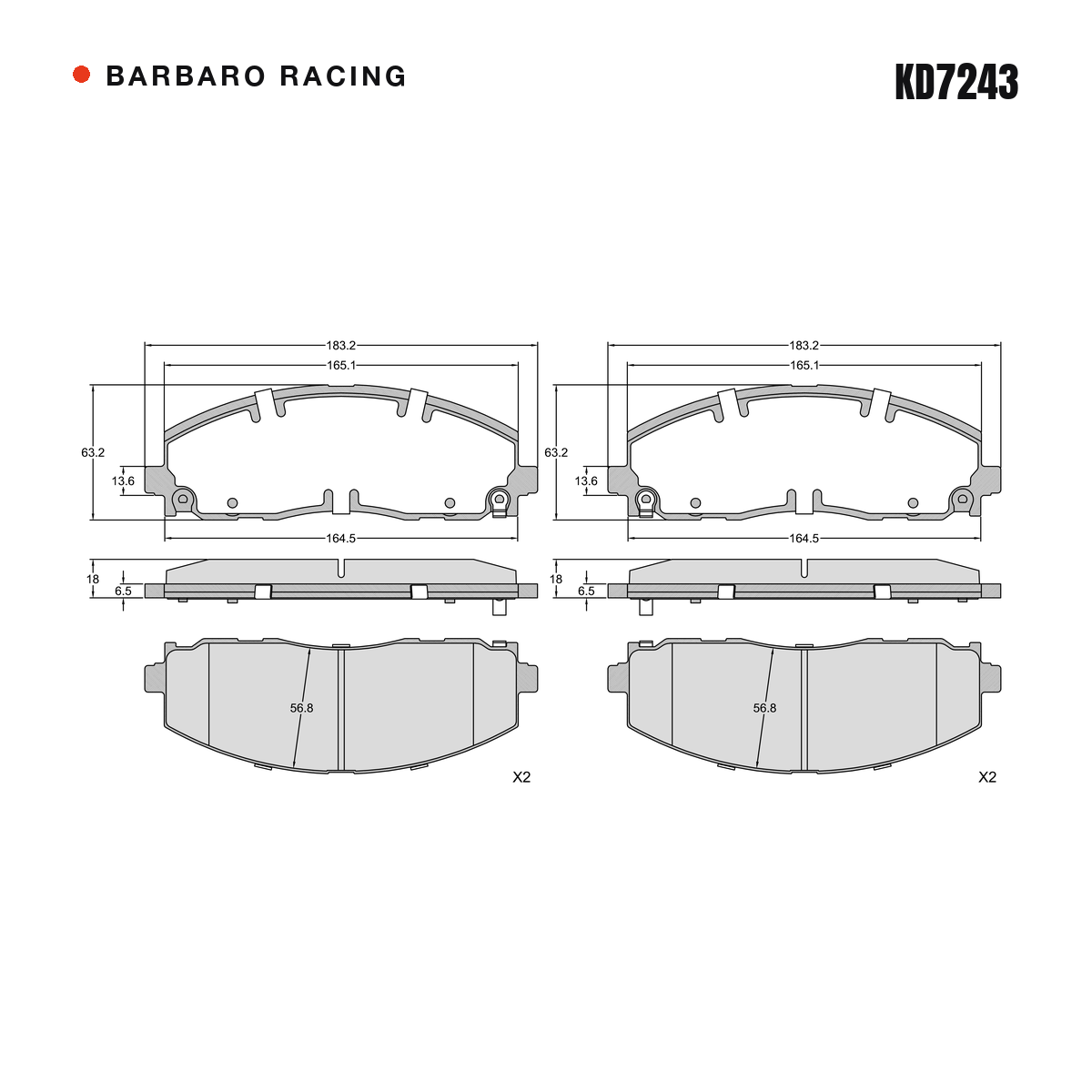 Barbaro Racing KD7243 brake pad shape drawing - 183.2 x 63.2 x 18 mm
