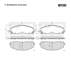 Barbaro Racing KD7243 brake pad shape drawing - 183.2 x 63.2 x 18 mm