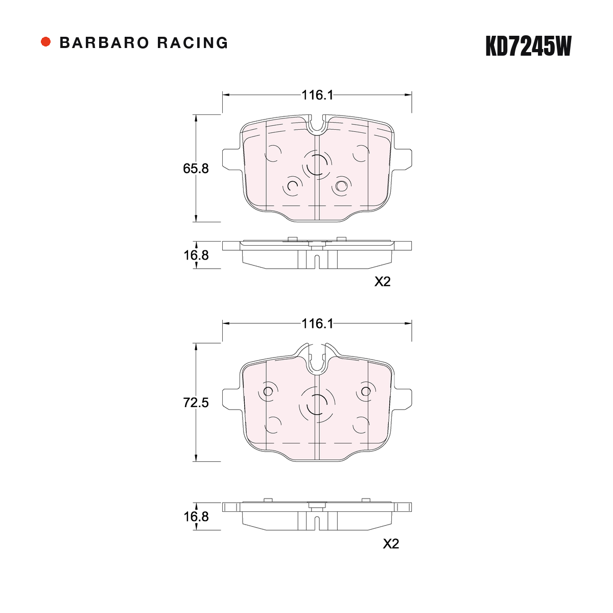 Barbaro Racing KD7245W brake pad shape drawing - 116.1 x 72.5 x 16.8 mm