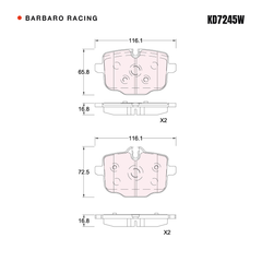 Barbaro Racing KD7245W brake pad shape drawing - 116.1 x 72.5 x 16.8 mm