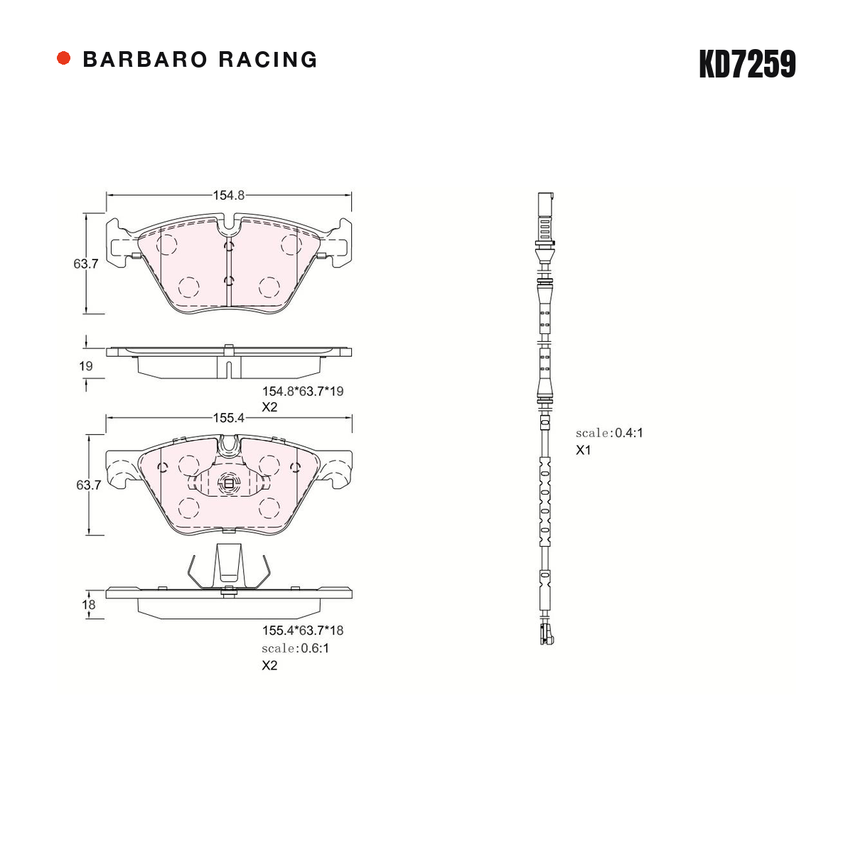 Barbaro Racing KD7259 brake pad shape drawing - 154.8 x 63.6 x 19 mm