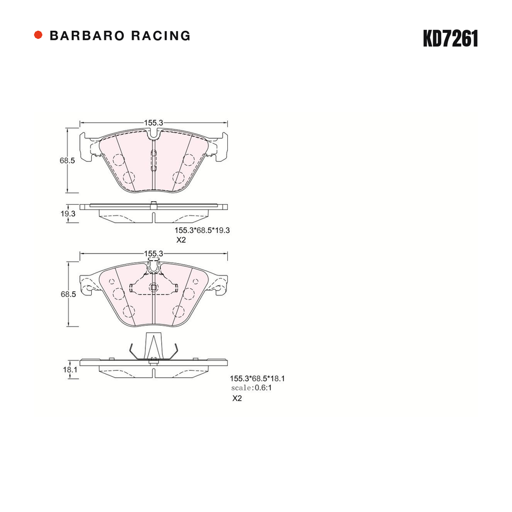 Barbaro Racing KD7261 brake pad shape drawing - 155.3 x 68.2 x 19.3 mm