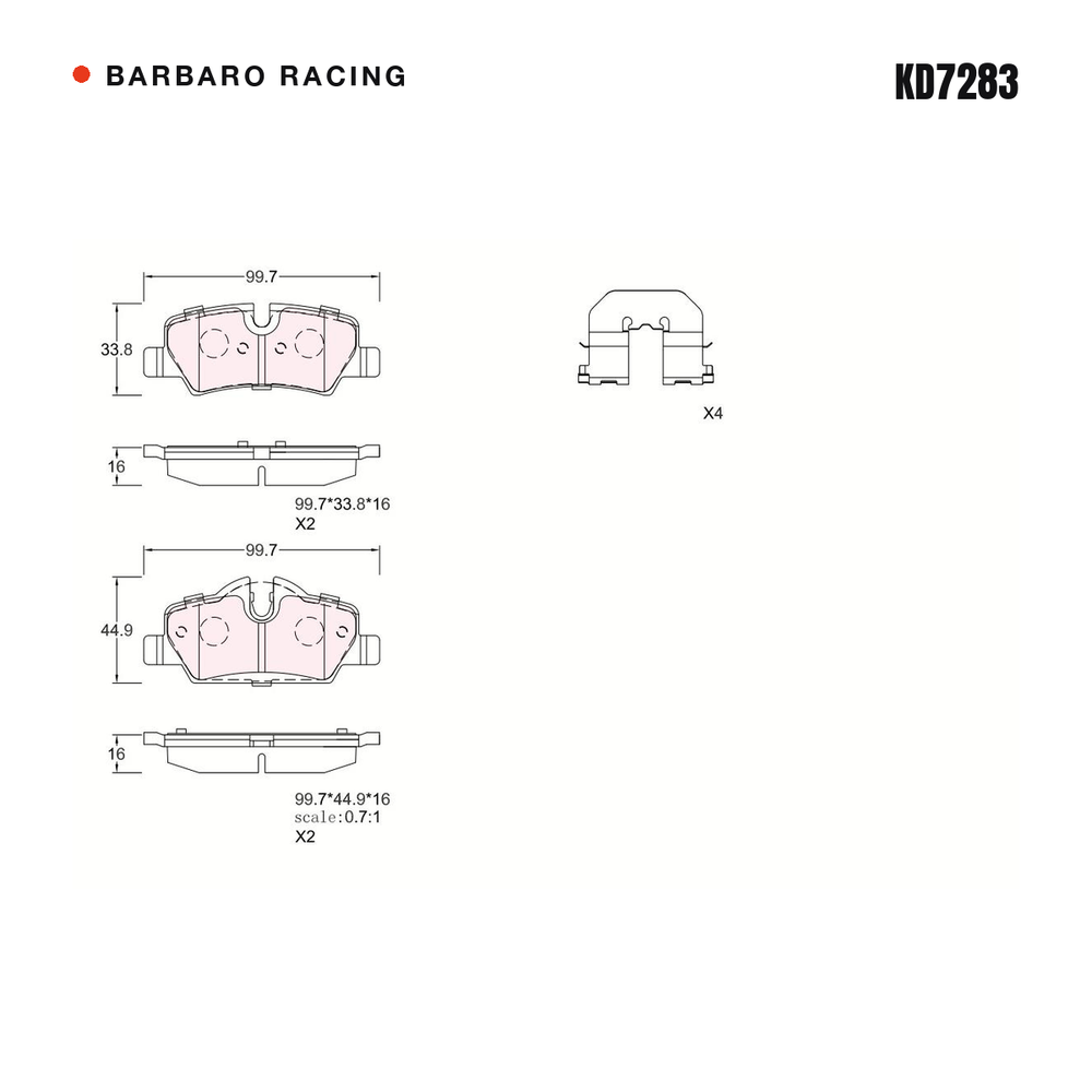 Barbaro Racing KD7283 brake pad shape drawing - 99.6 x 38.7 x 16 mm