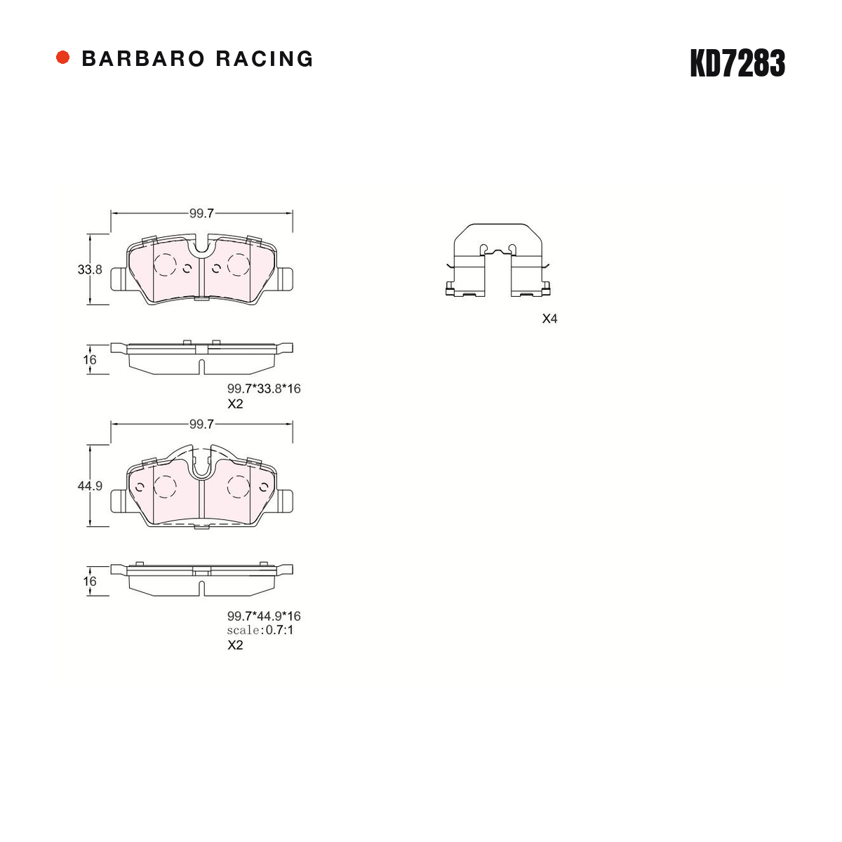 Barbaro Racing KD7283 brake pad shape drawing - 99.6 x 38.7 x 16 mm