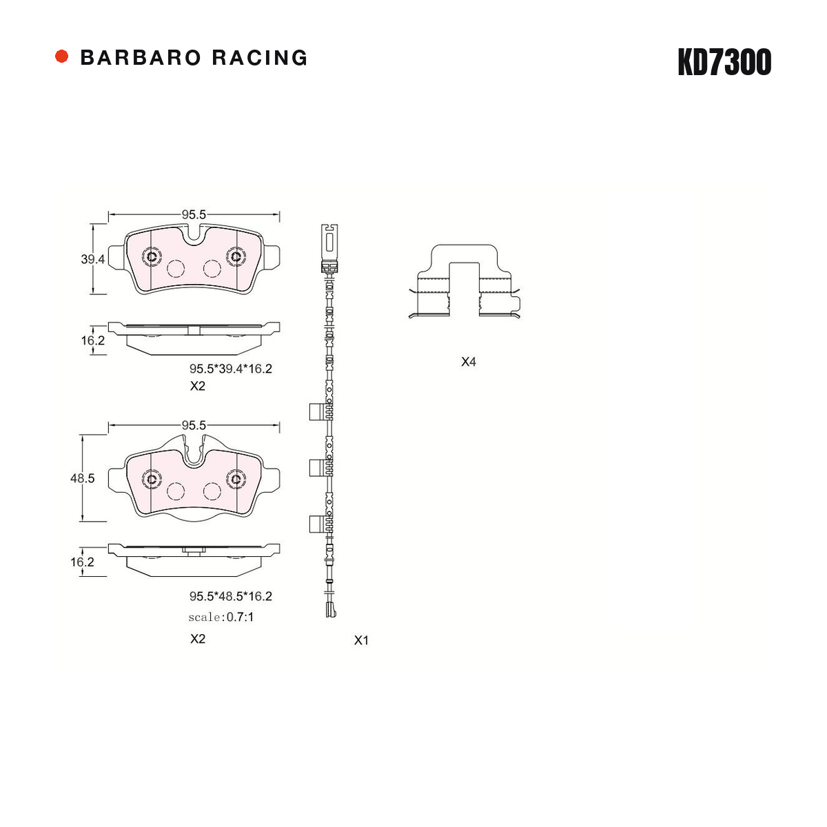 Barbaro Racing KD7300 brake pad shape drawing - 95.5 x 39.2 x 16.2 mm